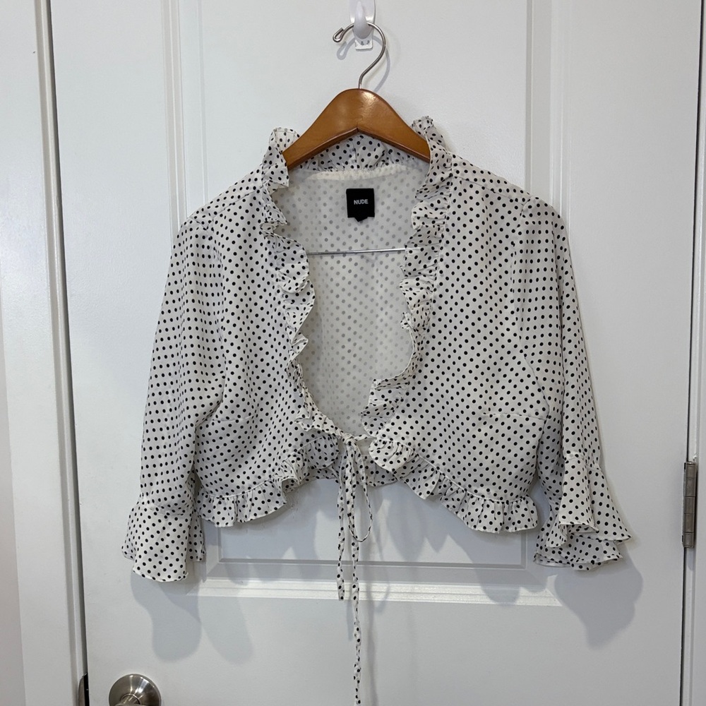 NUDE White and Black Polka Dot Ruffle Blouse